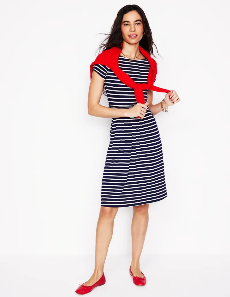 Kleider & Jumpsuits | Knielang | Boden Amelie Jerseykleid-Marineblau, Naturweiß Gestreift