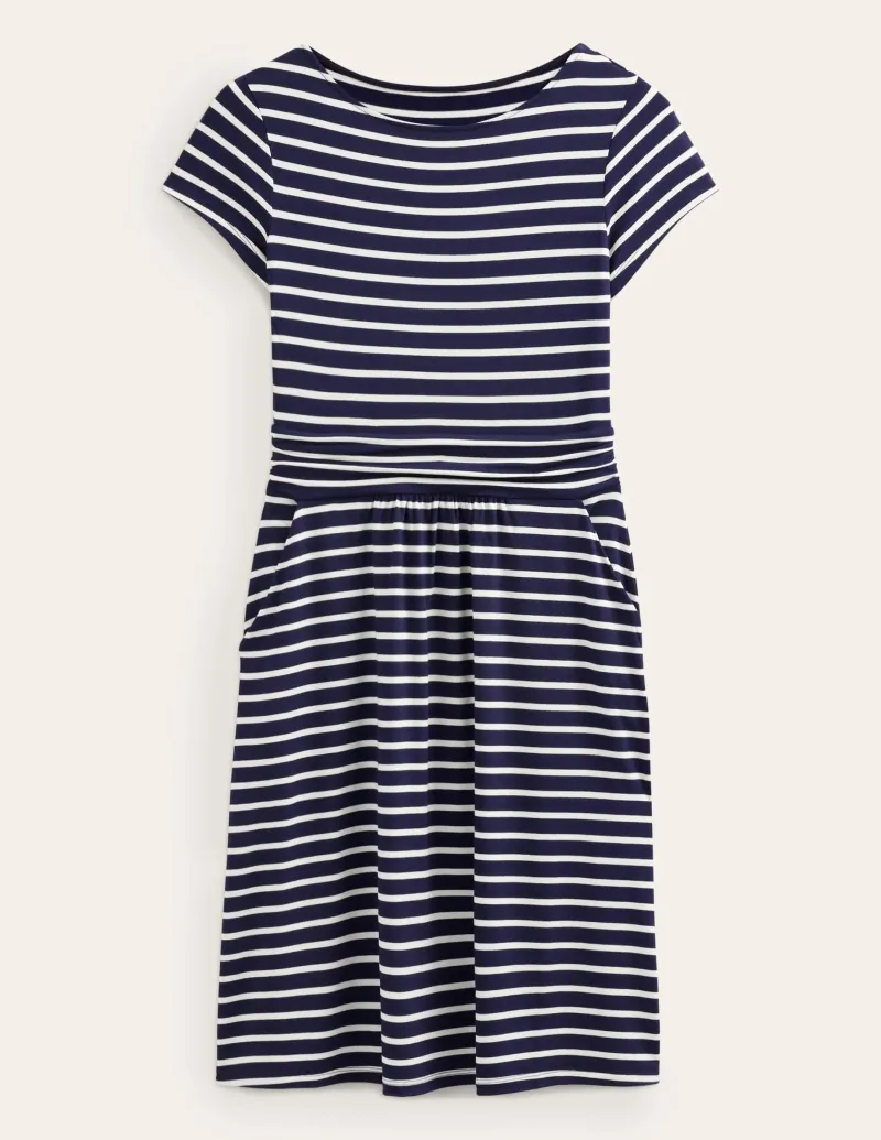 Kleider & Jumpsuits | Knielang | Boden Amelie Jerseykleid-Marineblau, Naturweiß Gestreift