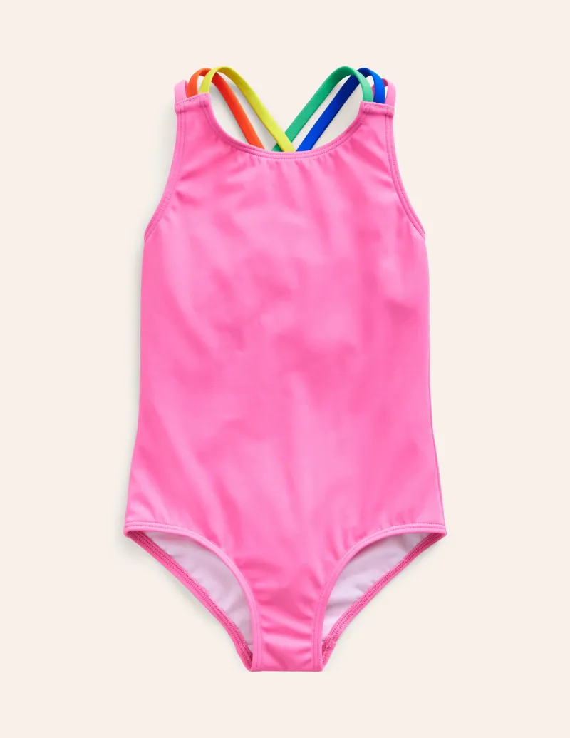 Bademode | Boden Badeanzug mit gekreuzten Rückenträgern in Regenbogenfarben- Erdbeershake