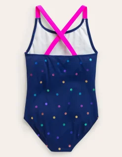 Bademode | Boden Bedruckter Badeanzug mit gekreuzten Trägern-Marineblau, Regenbogen Folienkonfetti Marineblau,RegenbogenFolienkonfetti