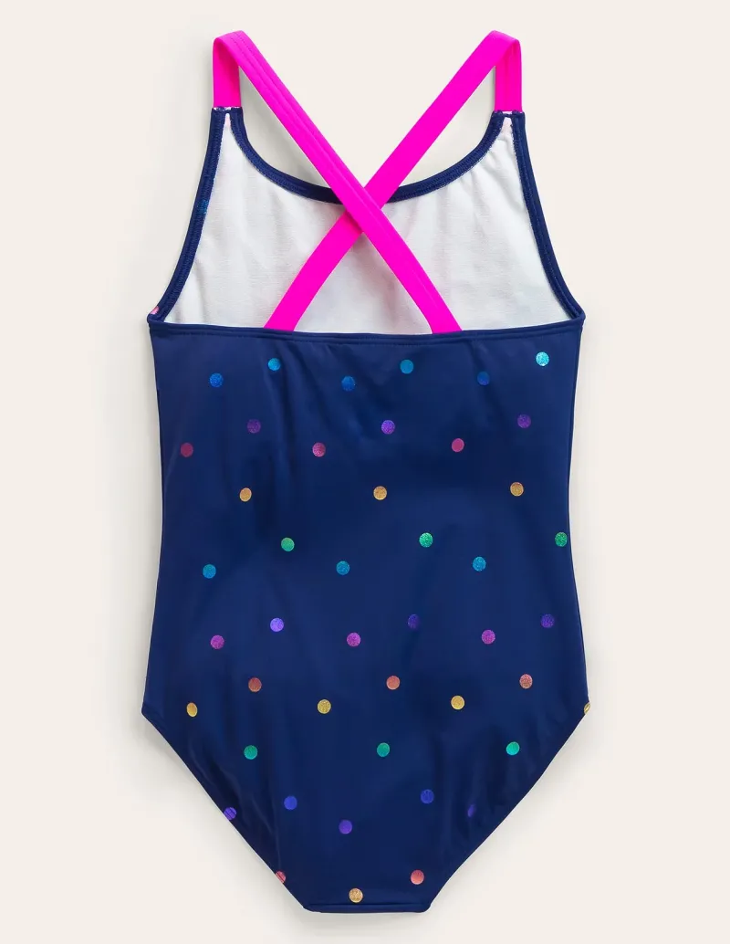 Bademode | Boden Bedruckter Badeanzug mit gekreuzten Trägern-Marineblau, Regenbogen Folienkonfetti Marineblau,RegenbogenFolienkonfetti