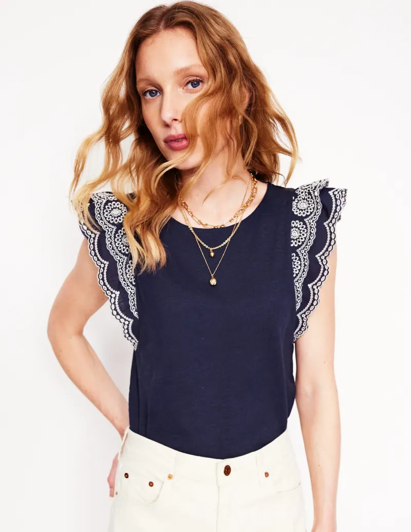Nachtwäsche & Schlafanzüge | T-shirts & Tops | Boden Belle Oberteil mit Lochstickerei an den Ärmeln-Aqua Marine Marl AquaMarineMarl