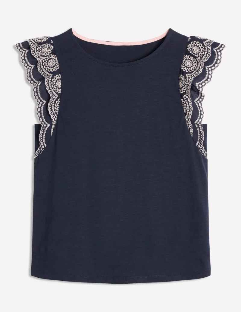 Nachtwäsche & Schlafanzüge | T-shirts & Tops | Boden Belle Oberteil mit Lochstickerei an den Ärmeln-Aqua Marine Marl AquaMarineMarl