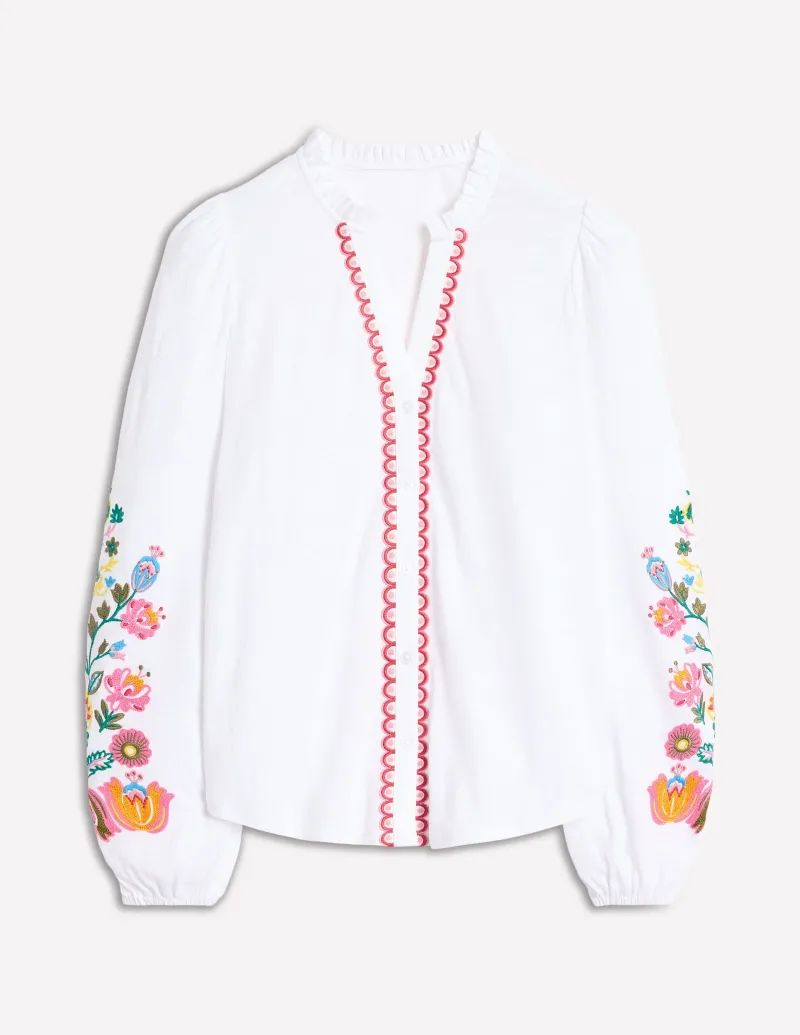 T-shirts & Tops | Oberteile | Boden Bestickte Bluse mit Rüschenausschnitt-Weiß/Bunt, Blumenstickerei Weiß/Bunt,Blumenstickerei