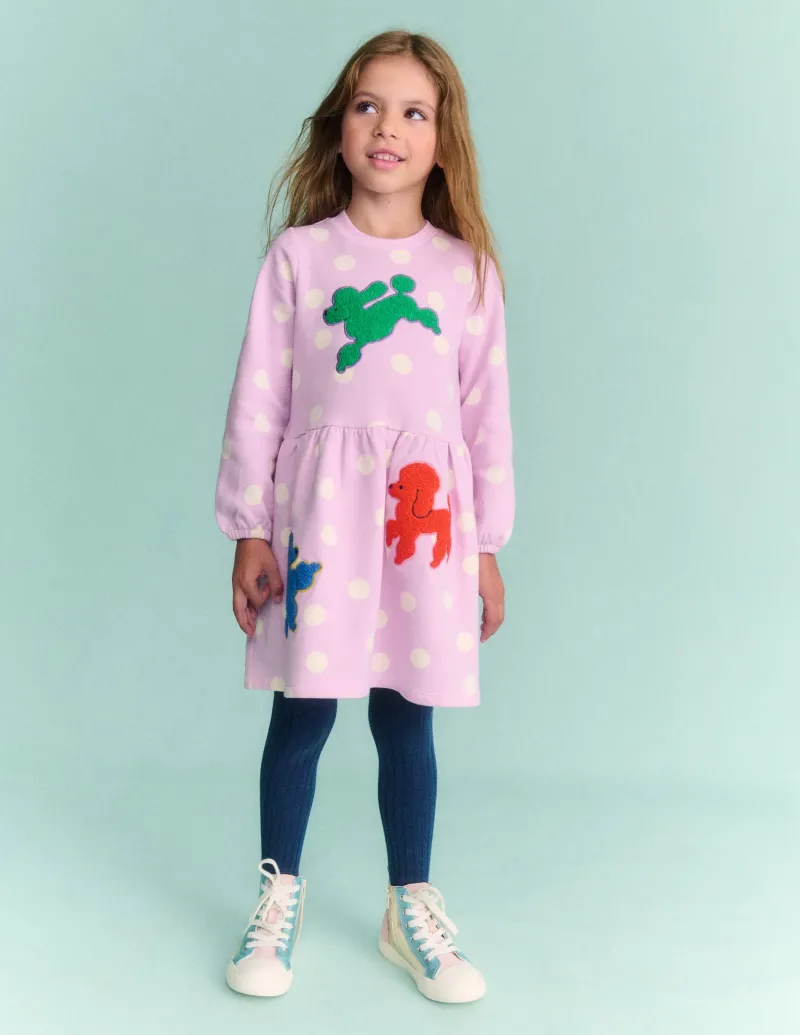 Kleider | Boden Bouclé-Sweatkleid mit Applikation-Gezuckertes Flieder Punkte Hunde GezuckertesFliederPunkteHunde
