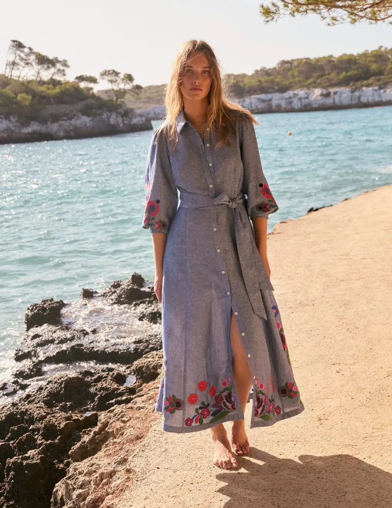 Kleider & Jumpsuits | Maxi | Boden Clara Hemdblusenkleid aus Leinenmischgewebe-Blaues Chambray, Stickerei BlauesChambray,Stickerei