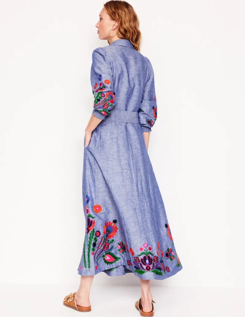 Kleider & Jumpsuits | Maxi | Boden Clara Hemdblusenkleid aus Leinenmischgewebe-Blaues Chambray, Stickerei BlauesChambray,Stickerei