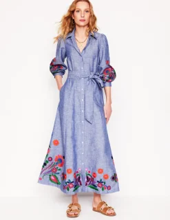 Kleider & Jumpsuits | Maxi | Boden Clara Hemdblusenkleid aus Leinenmischgewebe-Blaues Chambray, Stickerei BlauesChambray,Stickerei