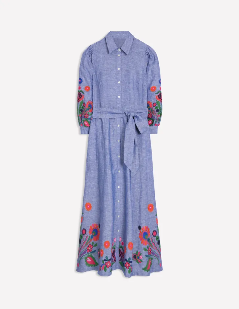 Kleider & Jumpsuits | Maxi | Boden Clara Hemdblusenkleid aus Leinenmischgewebe-Blaues Chambray, Stickerei BlauesChambray,Stickerei