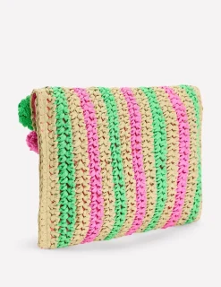 Handtaschen | Boden Clutch aus Bast mit Fransen- Rosa/Grün