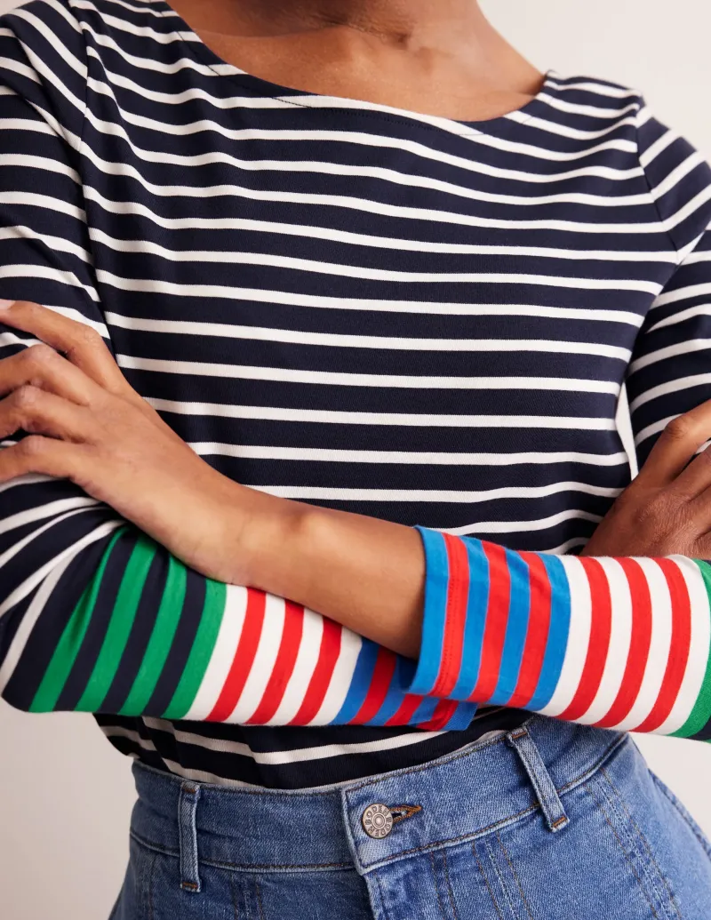 Oberteile | T-shirts & Tops | Boden Ella Breton-Shirt mit langen Ärmeln-Französisches Marineblau, Naturweiß Bunte Manschetten FranzösischesMarineblau,NaturweißBunteManschetten