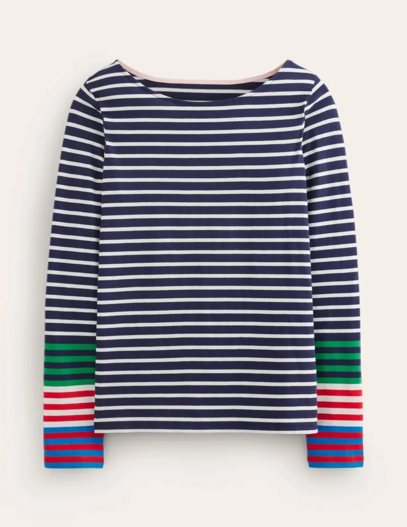 Oberteile | T-shirts & Tops | Boden Ella Breton-Shirt mit langen Ärmeln-Französisches Marineblau, Naturweiß Bunte Manschetten FranzösischesMarineblau,NaturweißBunteManschetten