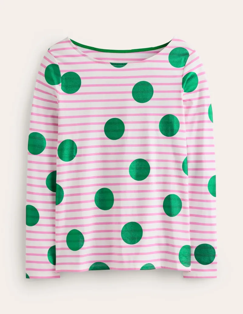 Oberteile | T-shirts & Tops | Boden Ella Breton-Shirt mit langen Ärmeln-Rosa, Naturweiß, Grüne Punkte Rosa,Naturweiß,GrünePunkte