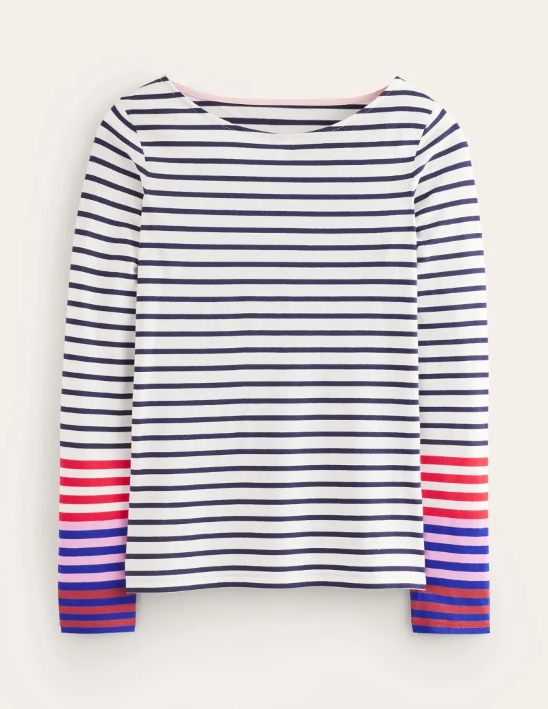 Oberteile | T-shirts & Tops | Boden Ella Breton-Shirt mit langen Ärmeln-Naturweiß, Französisches Marineblau Bunte Manschetten Naturweiß,FranzösischesMarineblauBunteManschetten