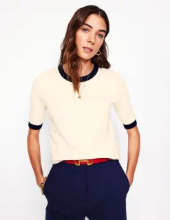 Nachtwäsche & Schlafanzüge | Pullover & Strickjacken | Boden Emilia Baumwoll-T-Shirt mit Rundhalsausschnitt-Warmes Naturweiß, Marineblau WarmesNaturweiß,Marineblau