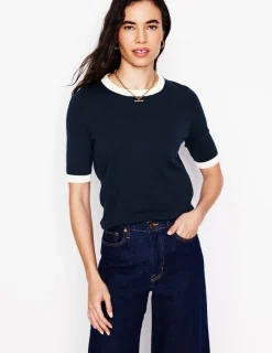 Nachtwäsche & Schlafanzüge | Pullover & Strickjacken | Boden Emilia Baumwoll-T-Shirt mit Rundhalsausschnitt-Marineblau, Warmes Naturweiß Marineblau,WarmesNaturweiß