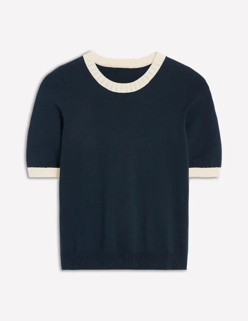 Nachtwäsche & Schlafanzüge | Pullover & Strickjacken | Boden Emilia Baumwoll-T-Shirt mit Rundhalsausschnitt-Marineblau, Warmes Naturweiß Marineblau,WarmesNaturweiß