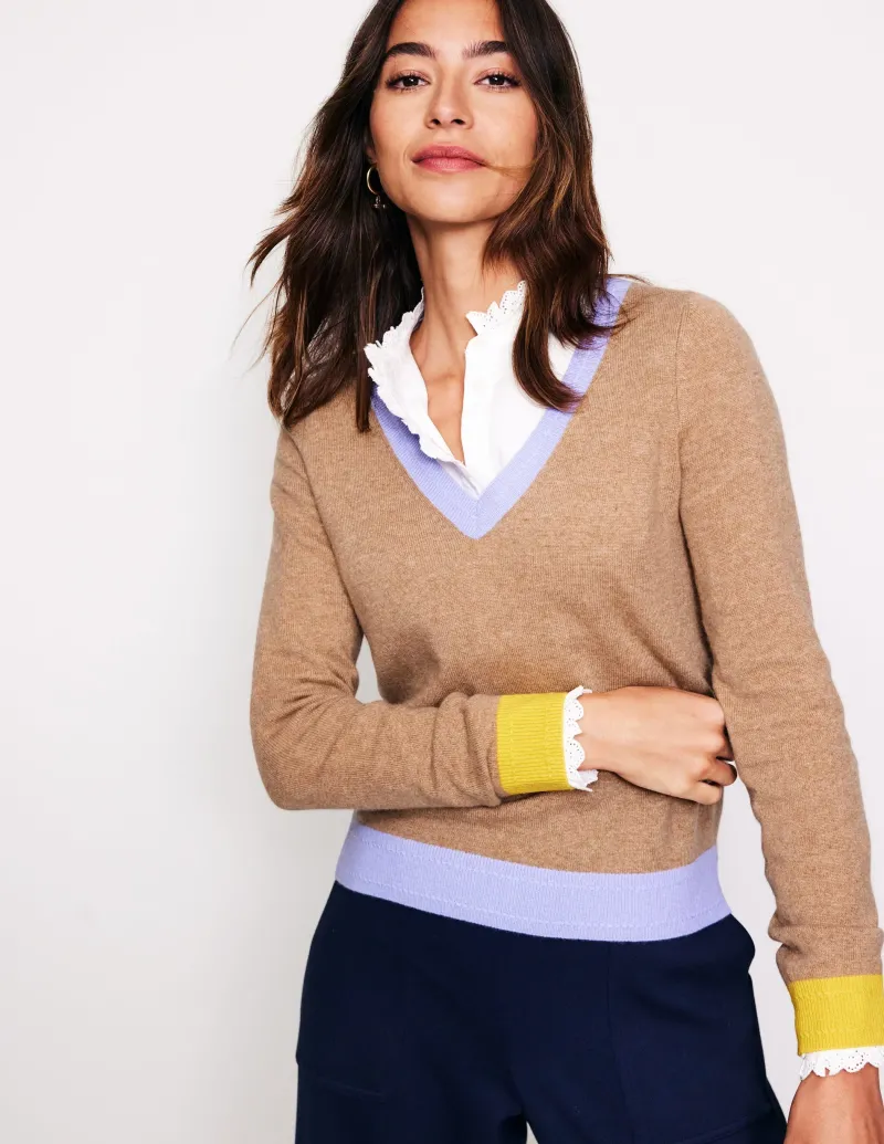 Pullover & Strickjacken | Boden Eva Kaschmirpullover mit V-Ausschnitt-Camel Meliert Blockfarben CamelMeliertBlockfarben