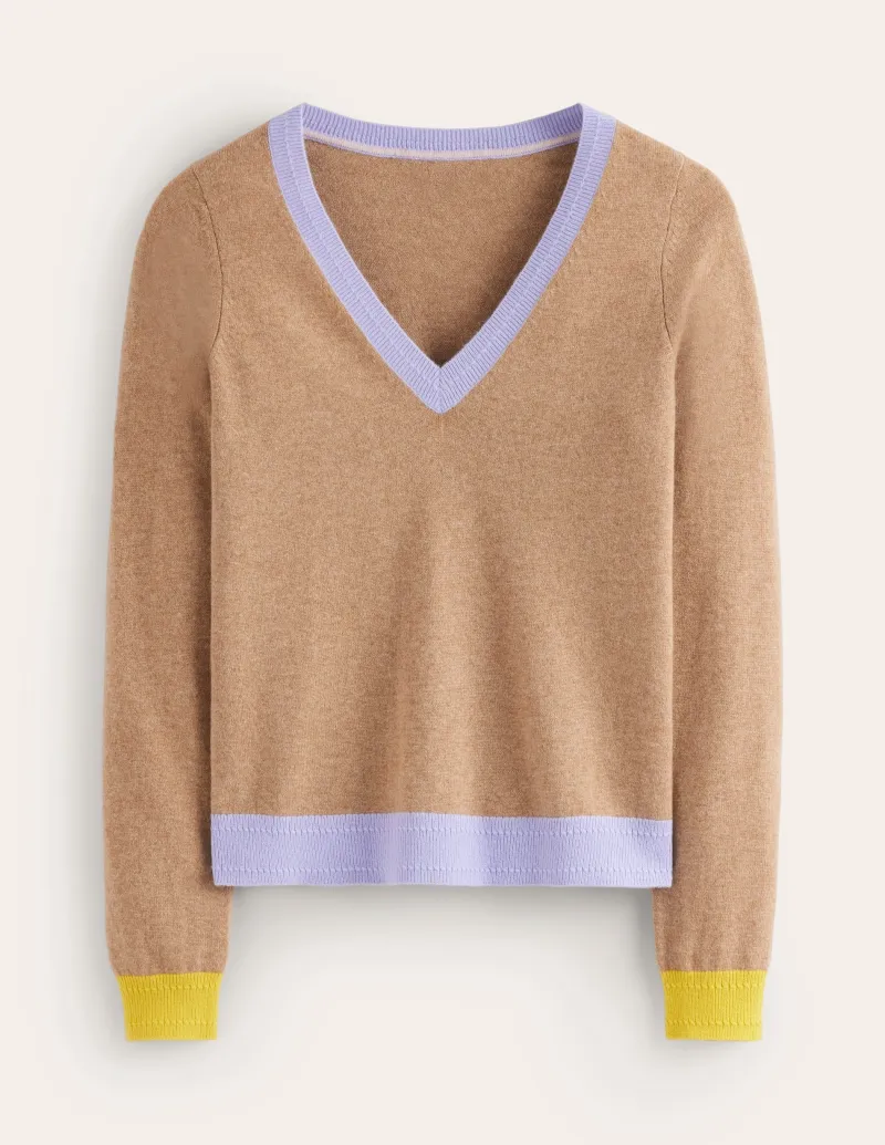 Pullover & Strickjacken | Boden Eva Kaschmirpullover mit V-Ausschnitt-Camel Meliert Blockfarben CamelMeliertBlockfarben