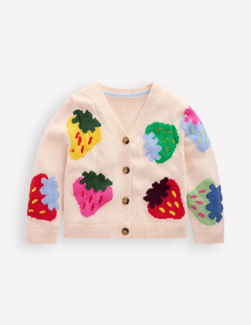 Pullover & Strickjacken | Boden Flora lustige Strickjacke mit V-Ausschnitt-Beige Meliert Erdbeeren BeigeMeliertErdbeeren