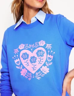 Nachtwäsche & Schlafanzüge | Oberteile | Boden Hannah Sweatshirt mit Stickerei-Pfauenfeder-Blau, Herzen Pfauenfeder-Blau,Herzen