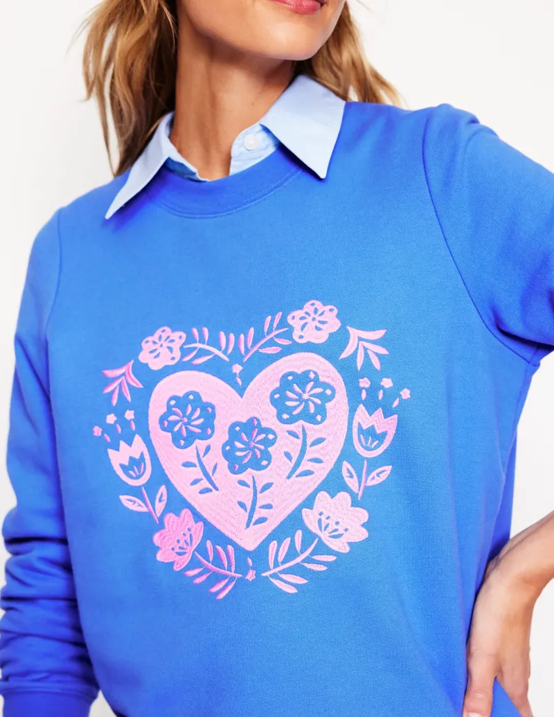 Nachtwäsche & Schlafanzüge | Oberteile | Boden Hannah Sweatshirt mit Stickerei-Pfauenfeder-Blau, Herzen Pfauenfeder-Blau,Herzen