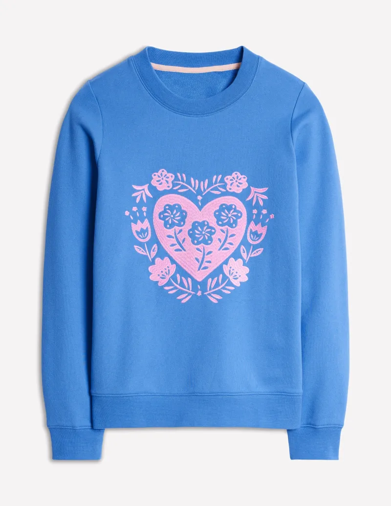 Nachtwäsche & Schlafanzüge | Oberteile | Boden Hannah Sweatshirt mit Stickerei-Pfauenfeder-Blau, Herzen Pfauenfeder-Blau,Herzen