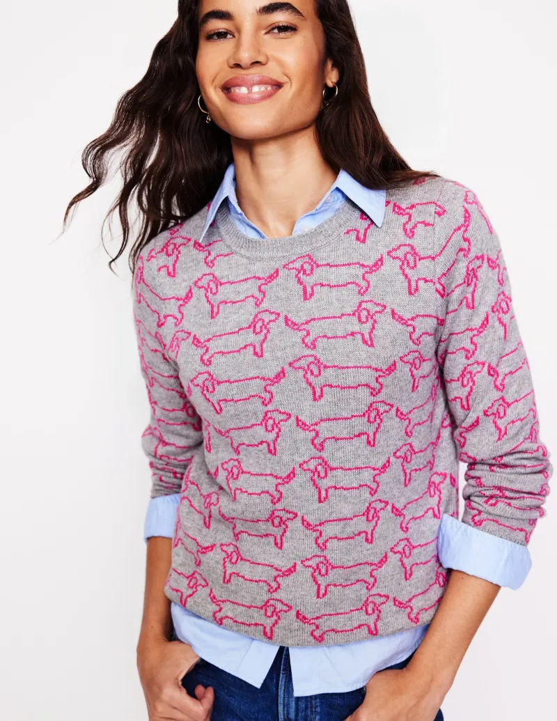 Pullover & Strickjacken | Boden Heather Jacquard-Pullover-Grau Meliert, Rosa Dackel GrauMeliert,RosaDackel