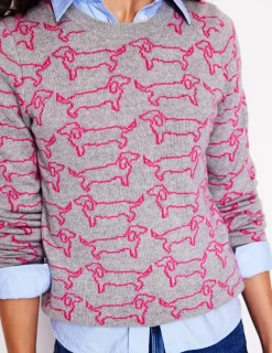 Pullover & Strickjacken | Boden Heather Jacquard-Pullover-Grau Meliert, Rosa Dackel GrauMeliert,RosaDackel