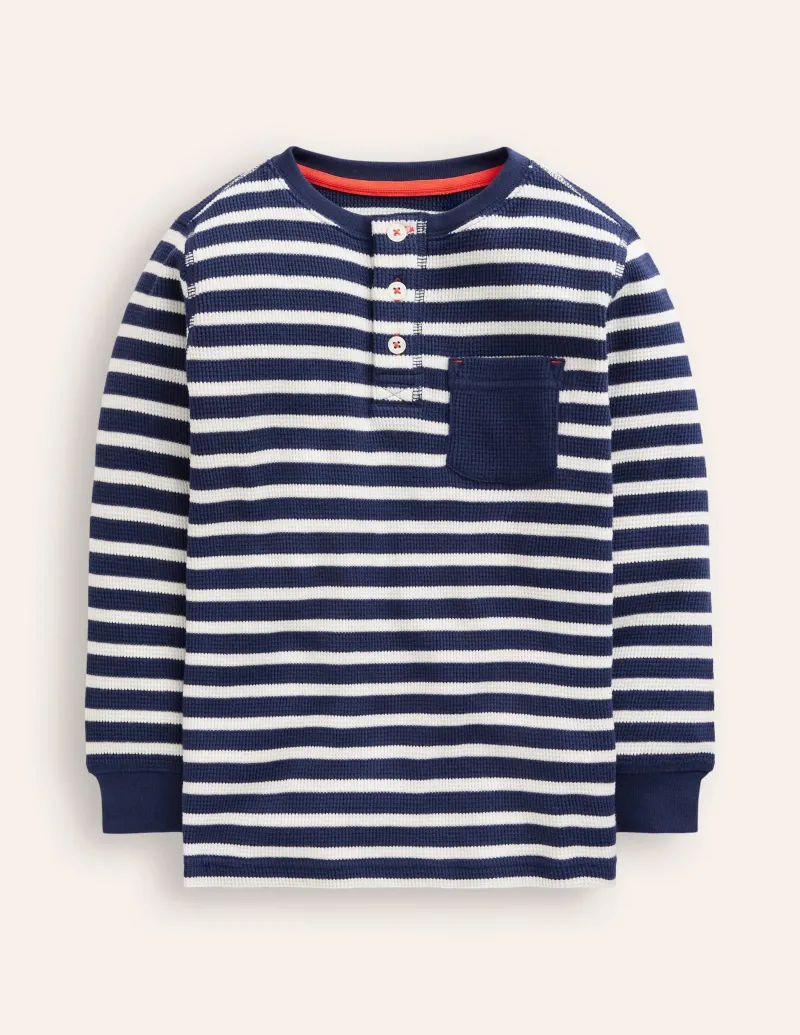 Oberteile & T-shirts | Boden Henley-T-Shirt mit Waffelmuster-Schuluniform-Marineblau und Naturweiß gestreift Schuluniform-MarineblauundNaturweißgestreift