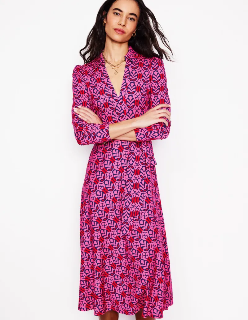 Kleider & Jumpsuits | Midi | Boden Imogen Jerseykleid mit Kragen-Sorbetrosa, Blattterrasse Sorbetrosa,Blattterrasse