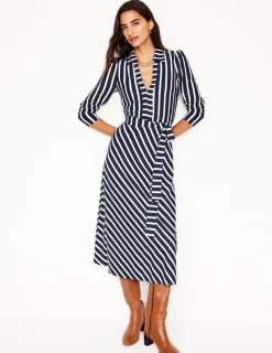Kleider & Jumpsuits | Midi | Boden Imogen Jerseykleid mit Kragen-Französisches Marine und Elfenbein Streifen FranzösischesMarineundElfenbeinStreifen