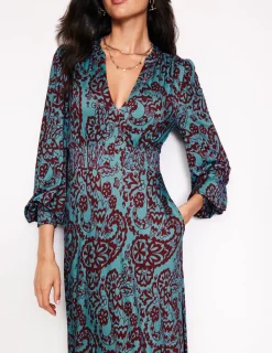 Kleider & Jumpsuits | Kleider In Petite | Boden Ivy Gesmoktes Midikleid-Blaues Gras, Paisley-Kaskade BlauesGras,Paisley-Kaskade