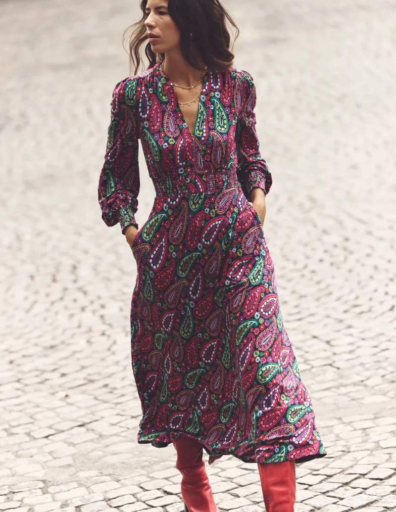 Kleider & Jumpsuits | Kleider In Petite | Boden Ivy Gesmoktes Midikleid-Bunt, Illustriertes Paisleymuster Bunt,IllustriertesPaisleymuster