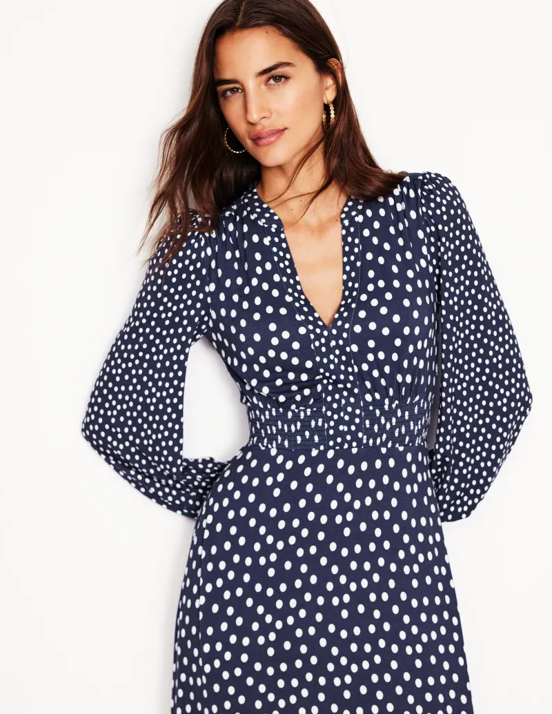 Kleider & Jumpsuits | Midi | Boden Ivy Gesmoktes Midikleid-College Marine, abstrakte Punkte CollegeMarine,abstraktePunkte