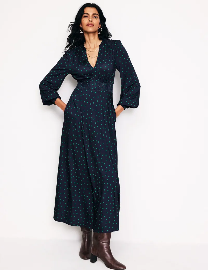 Kleider & Jumpsuits | Kleider In Petite | Boden Ivy Gesmoktes Midikleid-Marineblau, Einzelne Punkte Marineblau,EinzelnePunkte