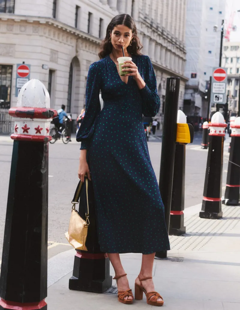 Kleider & Jumpsuits | Kleider In Petite | Boden Ivy Gesmoktes Midikleid-Marineblau, Einzelne Punkte Marineblau,EinzelnePunkte