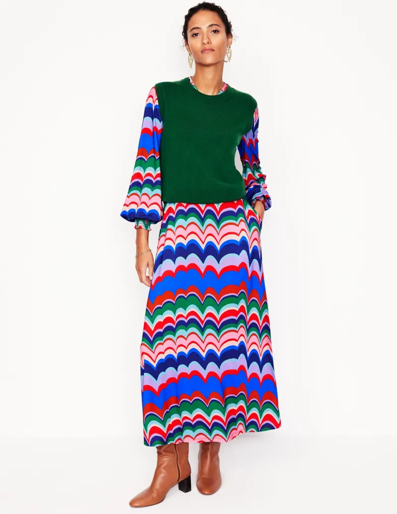 Kleider & Jumpsuits | Kleider In Petite | Boden Ivy Gesmoktes Midikleid-Mehrfarbig, abstrakte Welle Mehrfarbig,abstrakteWelle