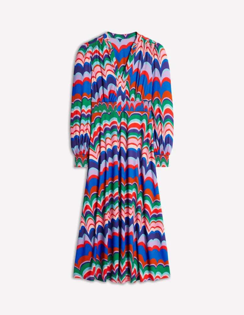 Kleider & Jumpsuits | Kleider In Petite | Boden Ivy Gesmoktes Midikleid-Mehrfarbig, abstrakte Welle Mehrfarbig,abstrakteWelle