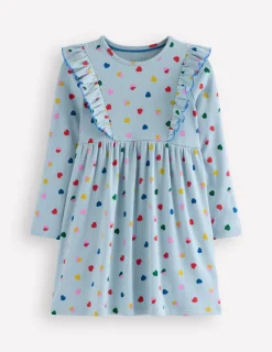 Kleider | Boden Jerseykleid aus Rippstrick mit Rüschen-Vintage-Blau Konfetti Herz Vintage-BlauKonfettiHerz