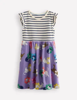 Kleider | Boden Jerseykleid mit Rüschenärmeln-Aster Lila Blumen Katze AsterLilaBlumenKatze