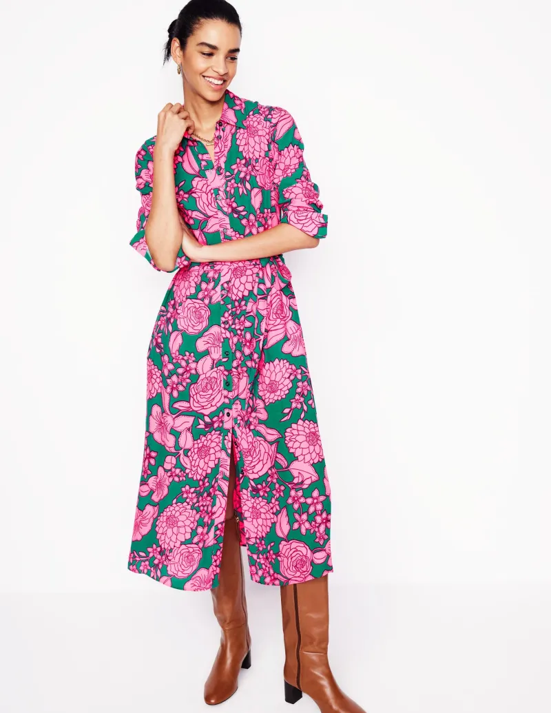 Kleider & Jumpsuits | Kleider In Petite | Boden Kate Midi-Hemdblusenkleid-Grün, Blütenkaskade Grün,Blütenkaskade