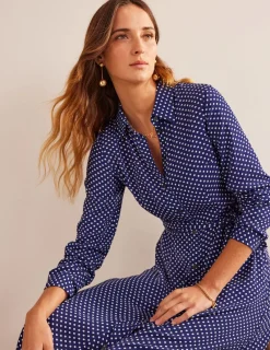 Kleider & Jumpsuits | Kleider In Petite | Boden Kate Midi-Hemdblusenkleid-Marineblau, Gepunktet Marineblau,Gepunktet