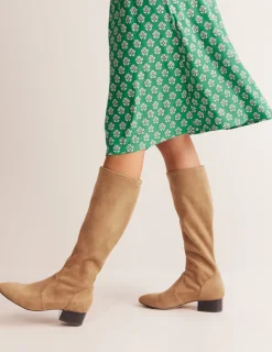 Flache Schuhe | Absatzschuhe | Boden Kniehohe Stretchstiefel mit flacher Sohle- Braun