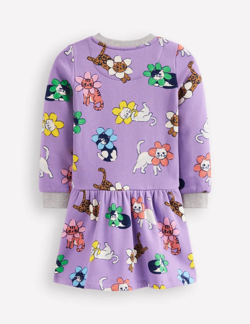 Kleider | Boden Kuscheliges, bedrucktes Sweatshirt-Kleid-Aster Lila Blumen Katze AsterLilaBlumenKatze