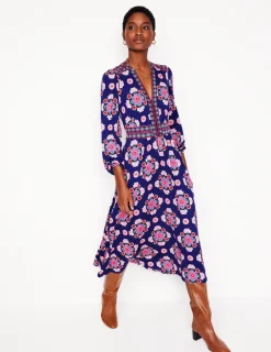 Kleider & Jumpsuits | Midi | Boden Lily Midikleid mit langen Ärmeln-Steuerbordblau, Wiese Kleiner Blumenstrauß Steuerbordblau,WieseKleinerBlumenstrauß