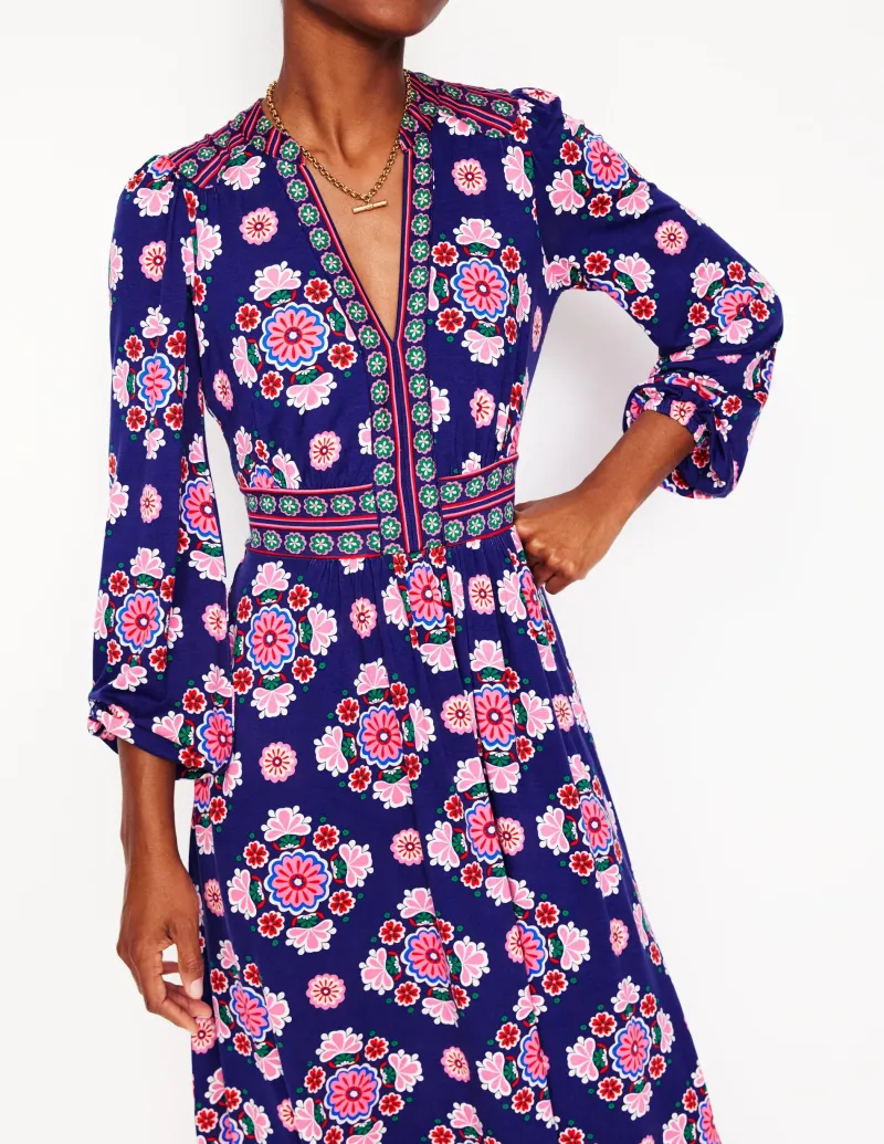 Kleider & Jumpsuits | Midi | Boden Lily Midikleid mit langen Ärmeln-Steuerbordblau, Wiese Kleiner Blumenstrauß Steuerbordblau,WieseKleinerBlumenstrauß