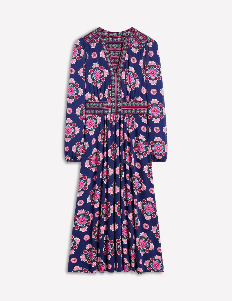 Kleider & Jumpsuits | Midi | Boden Lily Midikleid mit langen Ärmeln-Steuerbordblau, Wiese Kleiner Blumenstrauß Steuerbordblau,WieseKleinerBlumenstrauß