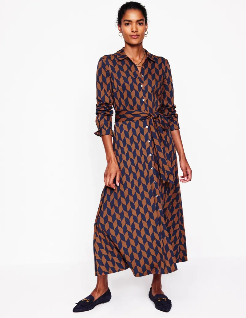 Kleider & Jumpsuits | Kleider In Petite | Boden Marcia Midi-Hemdblusenkleid aus Jersey-Cognak, Motiv Chevron-Swirl Cognak,MotivChevron-Swirl