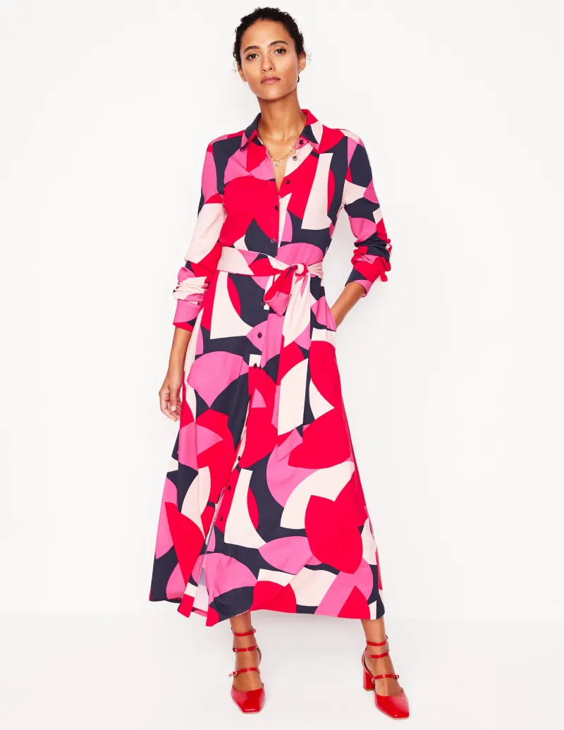 Kleider & Jumpsuits | Kleider In Petite | Boden Marcia Midi-Hemdblusenkleid aus Jersey-Mohnblumenrot, Motiv Geometric Shuffle Mohnblumenrot,MotivGeometricShuffle